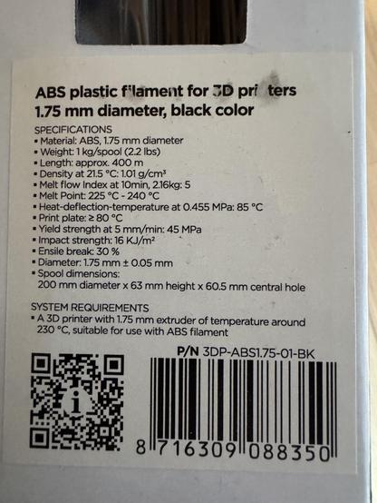 ABS filamentin tiedot.