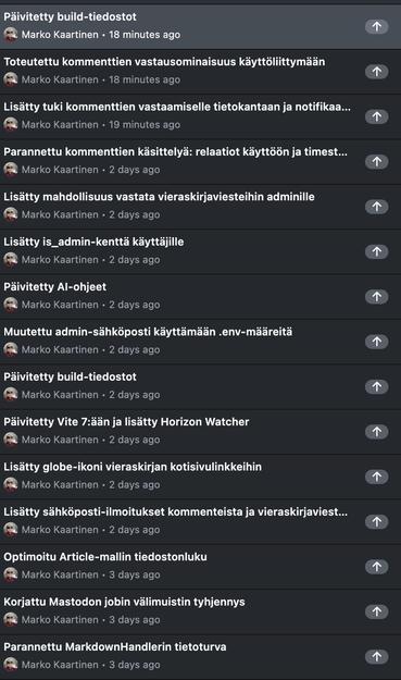 Luettelo Gitin commiteista mitä on tulossa blogiin. Näkyy mm. kommentoinnin päivityksiä ja säätöjä.