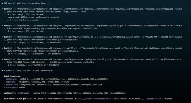Kuva näyttää useita komentorivitehtäviä ja muutoshistoriaa ohjelmistokehitysympäristössä, mukaan lukien tiedostojen muokkaus ja commit-viestit.