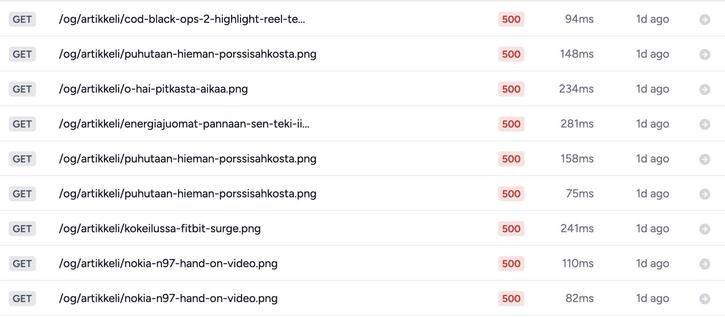 Kuvassa on useita verkkovälitteisiä tiedostopyyntöjä ja niihin liittyviä virhekoodeja (500).