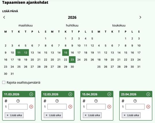 Työn alla olevaa sivustoa jossa on kolme kuukausikalenteri joista osa on valittuna ja alla näky laatikot valituista päivistä joihin voisi lisätä aikoja.