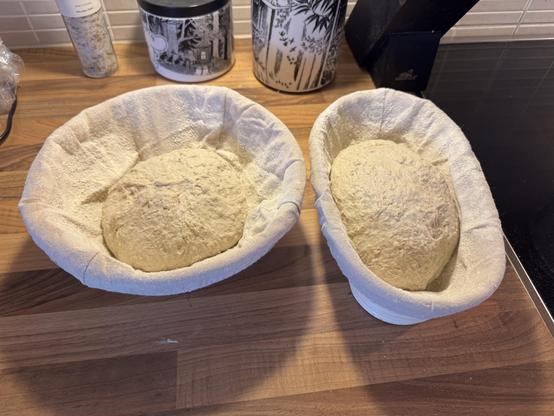 Kaksi hapanjuurileipää menossa jääkaappiin kohoamaan.