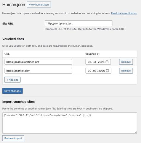 Kuvakaappaus Human.json WordPress lisäosan hallinnasta.