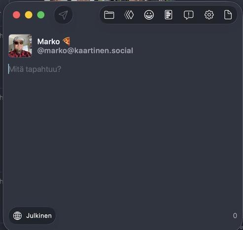 A social media message from Marko asking, "Mitä tapahtuu?" with a profile picture of a man wearing sunglasses and a hat.