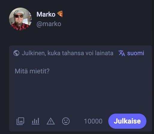 Mastodon post by Marko with a profile picture of a man wearing sunglasses and a hat, and the message in Finnish asking "What do you think?".