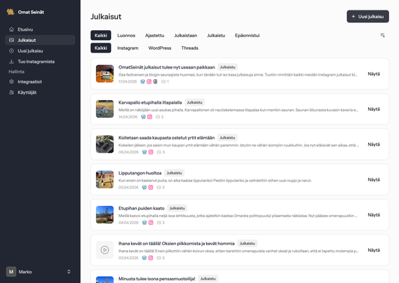 OmatSeinät-sovelluksen julkaisulista, jossa näkyy julkaistuja postauksia eri kanaville