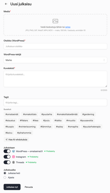 OmatSeinät-sovelluksen uuden julkaisun luontilomake media-, otsikko- ja kuvatekstikentillä