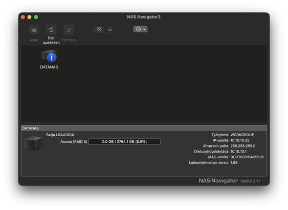 Nas navigator sovelluksen kuvakappaus jossa NAS tietoja.