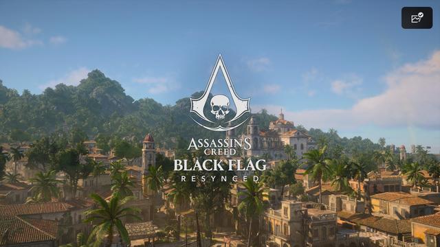 Rajattoman kaupunginäkymä tropiikissa, palmupuita ja vanhoja rakennuksia, taustalla vuori ja sininen taivas. Pelin teksti edessä Assassin's Creed Black Flag Resynced.
