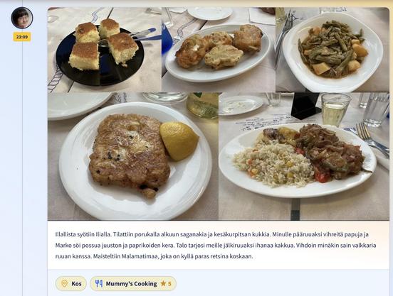 Kuvakaappaus AuringonAlla blogin päivityksesttä jossa on viisi ruokakuvaa, kuvaus sekä paikan ja kohteen nostot.