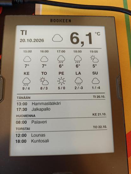 Vanha bookeen e-kirjanlukija jossa on päivämäärä, säädataa sekä kalenteri tietoja.