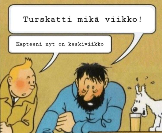 Tintti ja Kapteeni meemi jossa lukee Turskatti mikä viikko kapteenin sanomana ja Tintti sanoo Kapteeni nyt on keskiviikko. Koira juo olutta.
