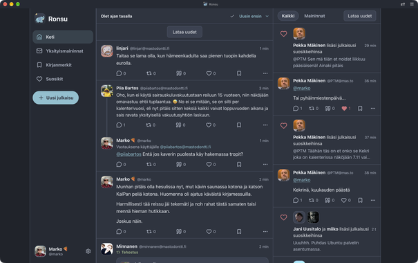 Kuvakaappasu Ronsu Mastodon sovelluksesta jossa on syöte ja tykkäyksiä näkyvissä.