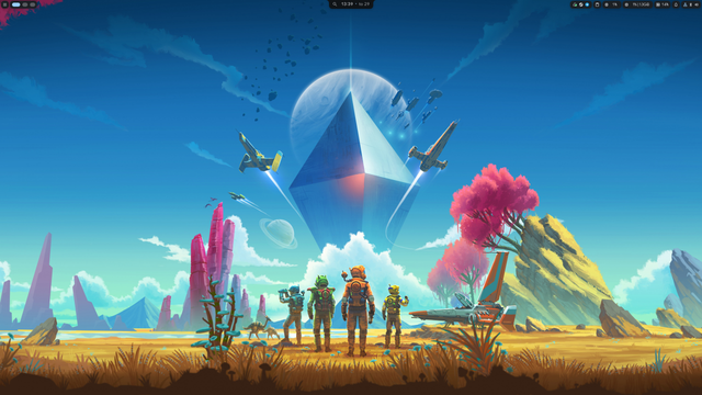 Kuvakaappaus Linux työpöydästä, jossa taustakuvana on kuva pelistä No Man's Sky ja ruudulla ei ole paljoa muuta. Ylhäällä on kello, päivämäärä sekä hieman infoa järjestelmästä.